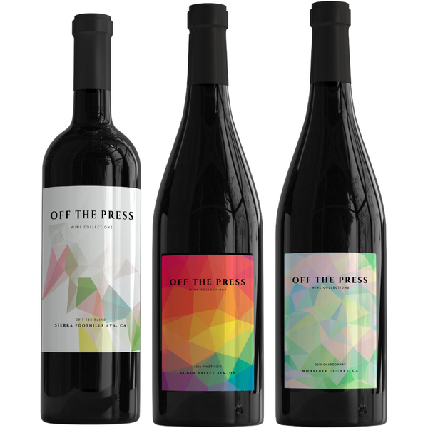 12 PACK MIXED - 4 OF EACH: OFF THE PRESS 2017 SIERRA FOOTHILLS AVA RED BLEND, 2019 MONTEREY CHARDONNAY, & 2018 ROGUE VALLEY AVA PINOT NOIR